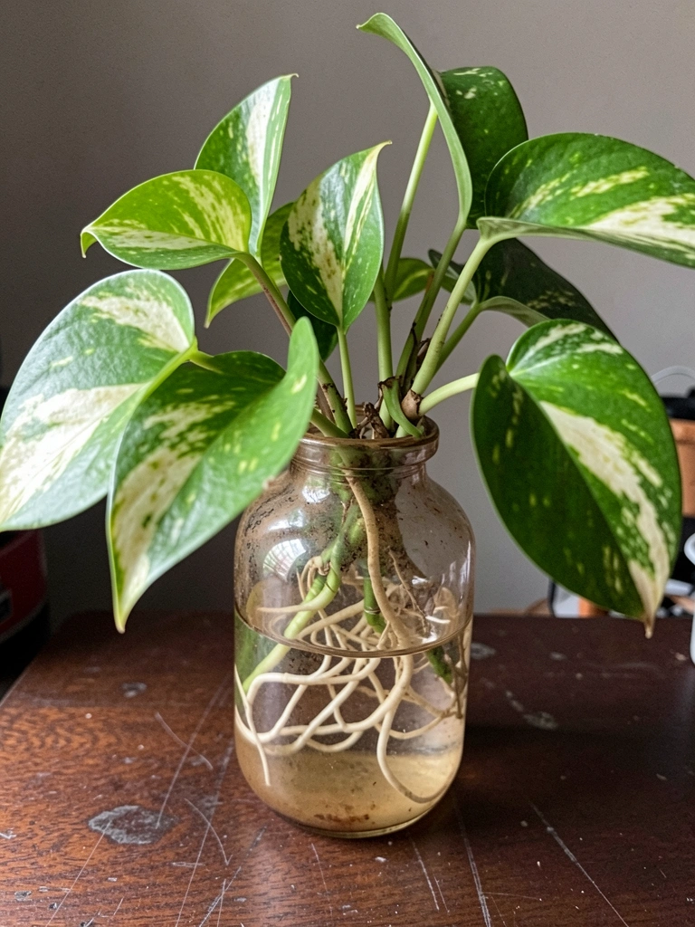 Ramos de jiboia com folhas verdes e variegadas em recipiente de vidro transparente com água, sobre superfície clara.