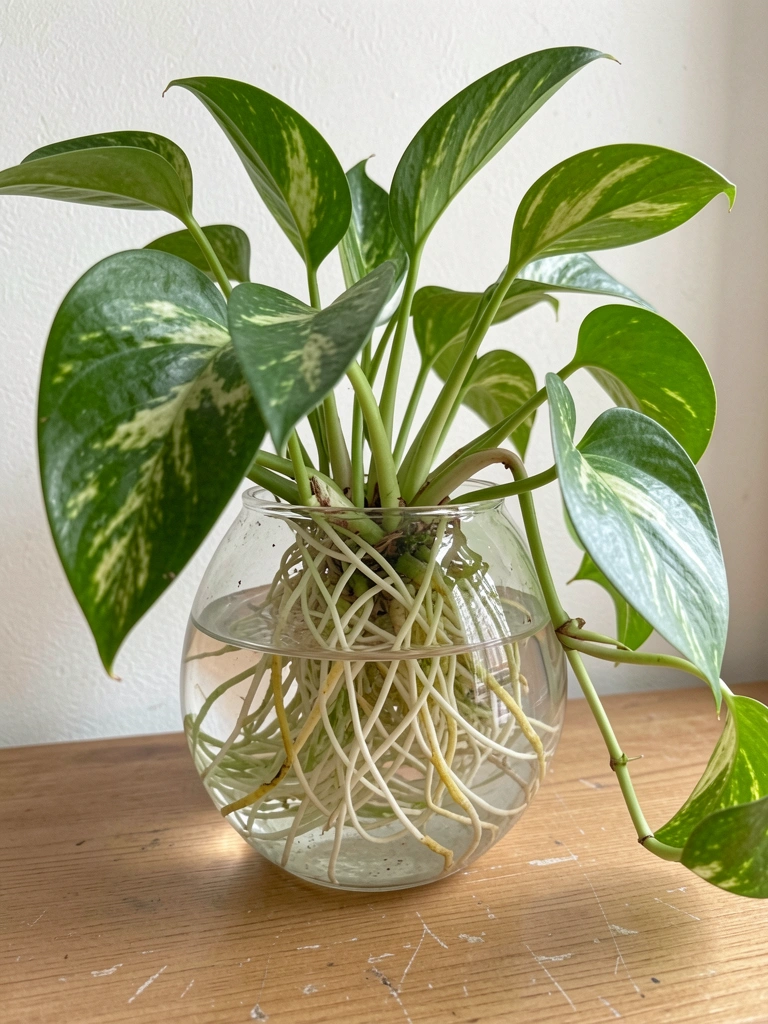 Ramos de jiboia com folhas verdes e variegadas em recipiente de vidro transparente com água, sobre superfície clara.