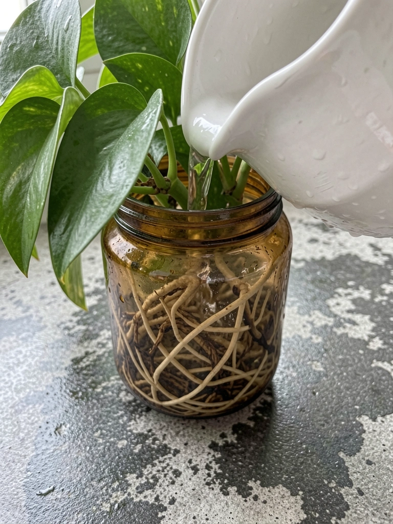 Ramos de jiboia com folhas verdes e variegadas apoiados em recipiente de vidro transparente com água.