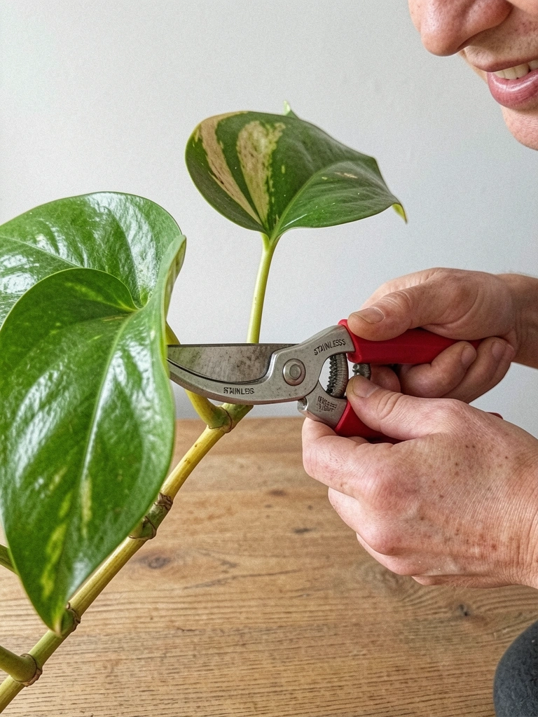 Mãos cortando caule de jiboia com tesoura sobre uma mesa de madeira.