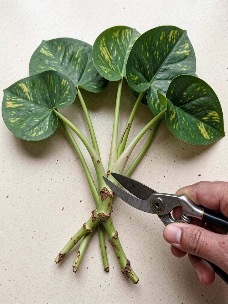 Tesoura de poda cortando um caule verde logo abaixo de um nó, com folhas ao fundo.