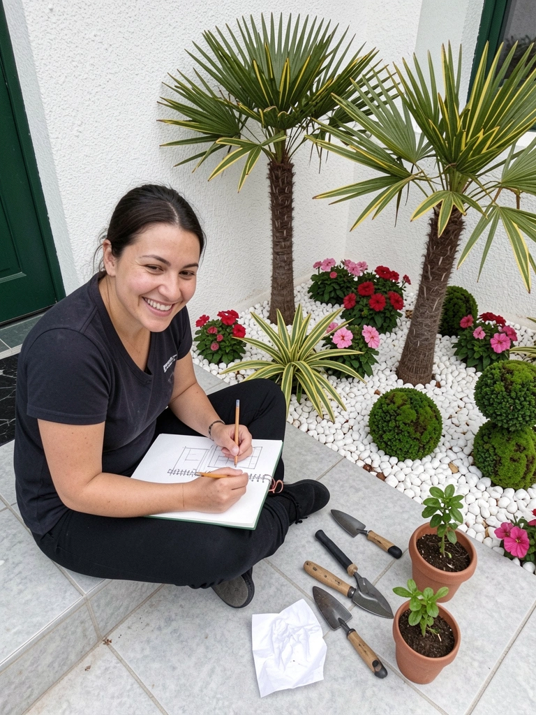 Pessoa desenhando layout de jardim em papel, com vasos de plantas e ferramentas ao lado