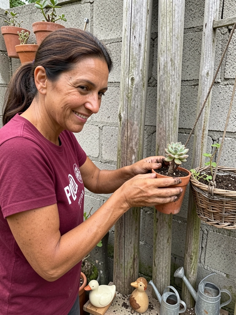 Mãos sujas de terra plantando uma muda em um vaso, com regador ao lado.