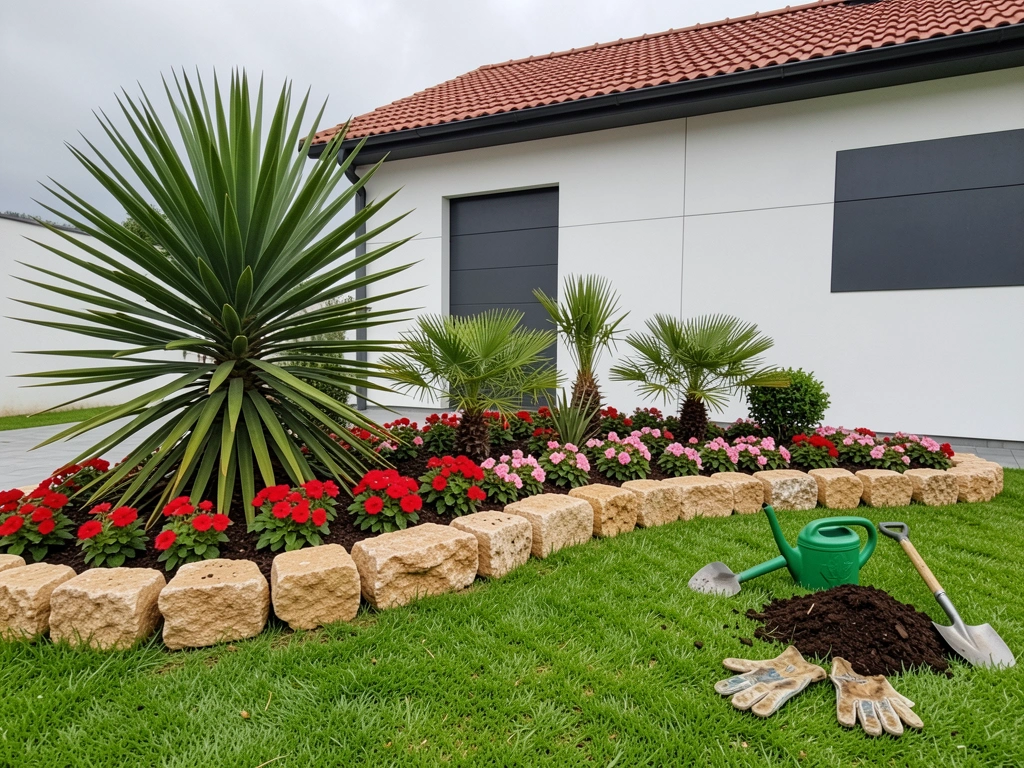 Pá, regador e luvas de jardinagem ao lado de um monte de adubo no chão.