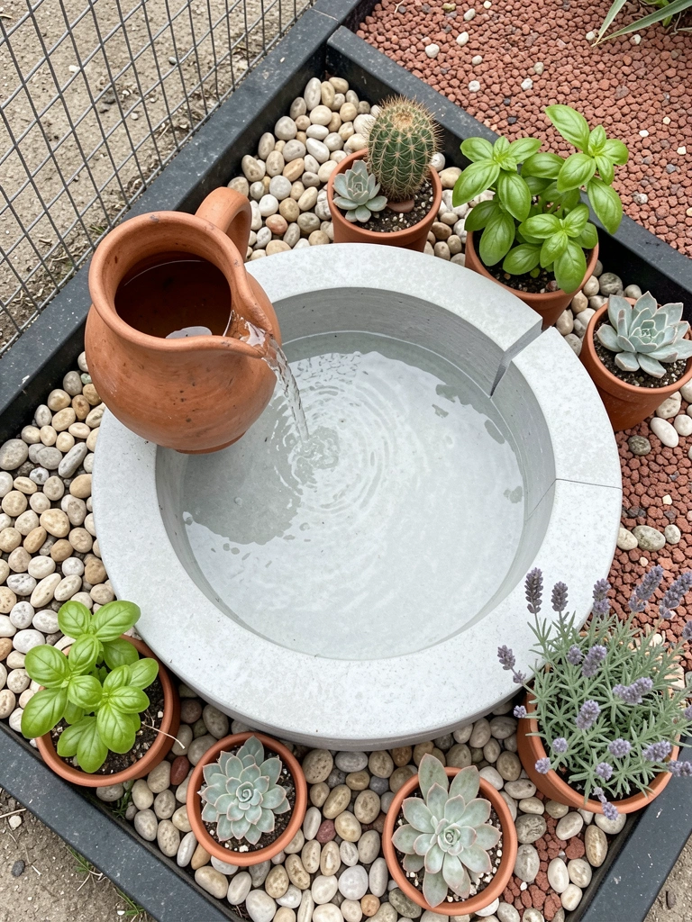 Suculentas, cactos, manjericão e lavanda em vasos de cerâmica sobre uma mesa de madeira.