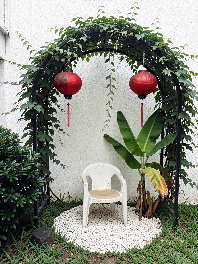 Jardim compacto com vasos empilhados e painel vertical com plantas