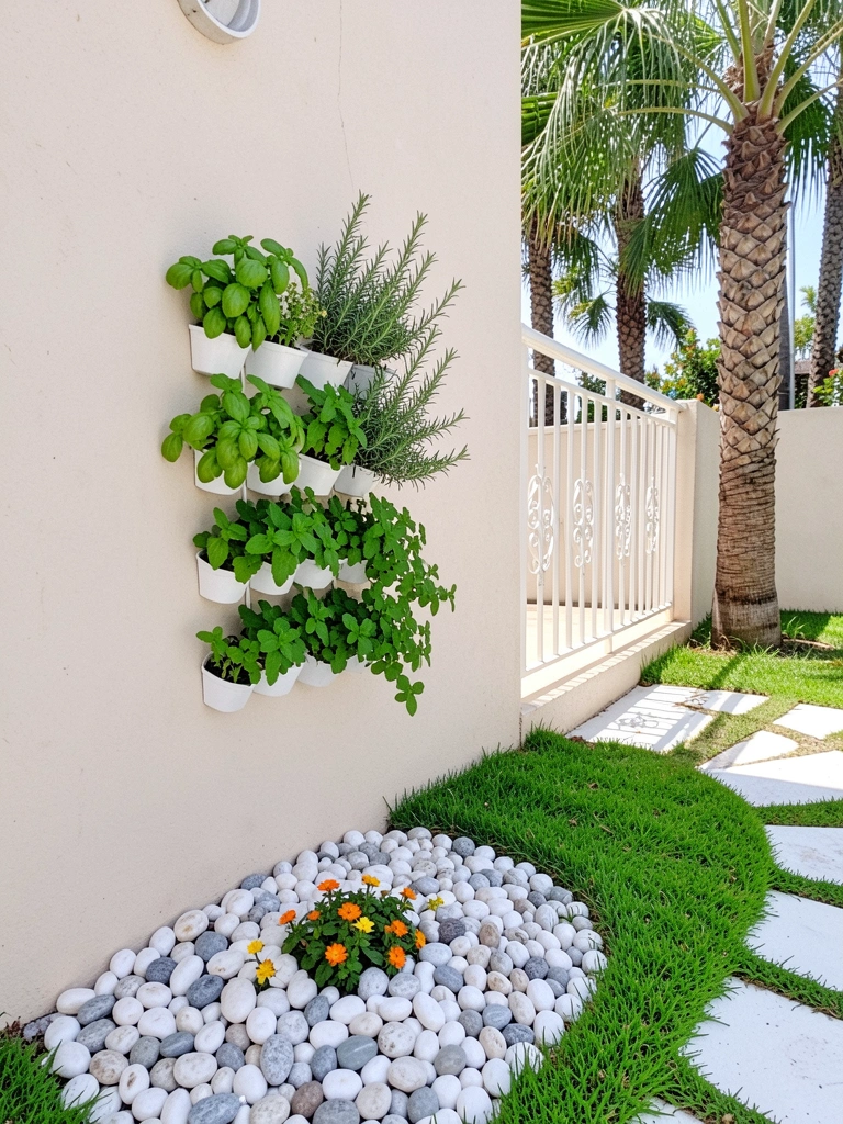 Mini jardim vertical com ervas frescas em parede ensolarada, vasos de cerâmica e folhagens verdes.