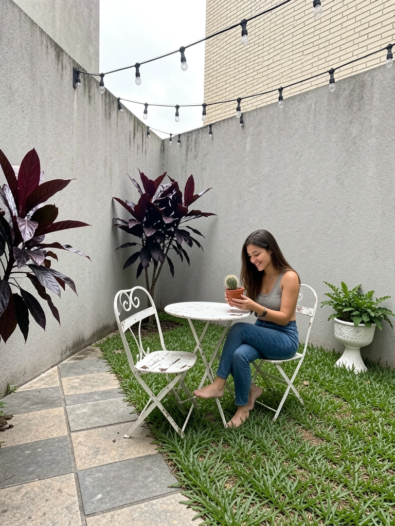 Balões de perguntas flutuando sobre plantas e solo em um jardim.