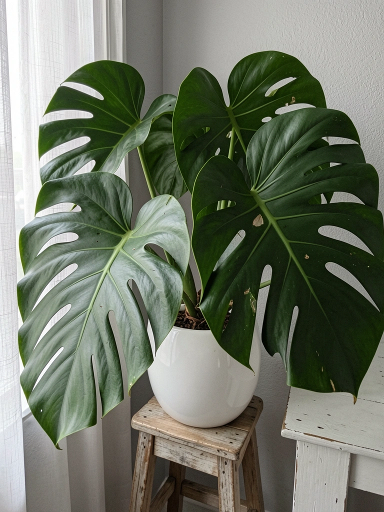 Folha de Monstera verde próxima a janela com cortina translúcida, luz suave indireta.