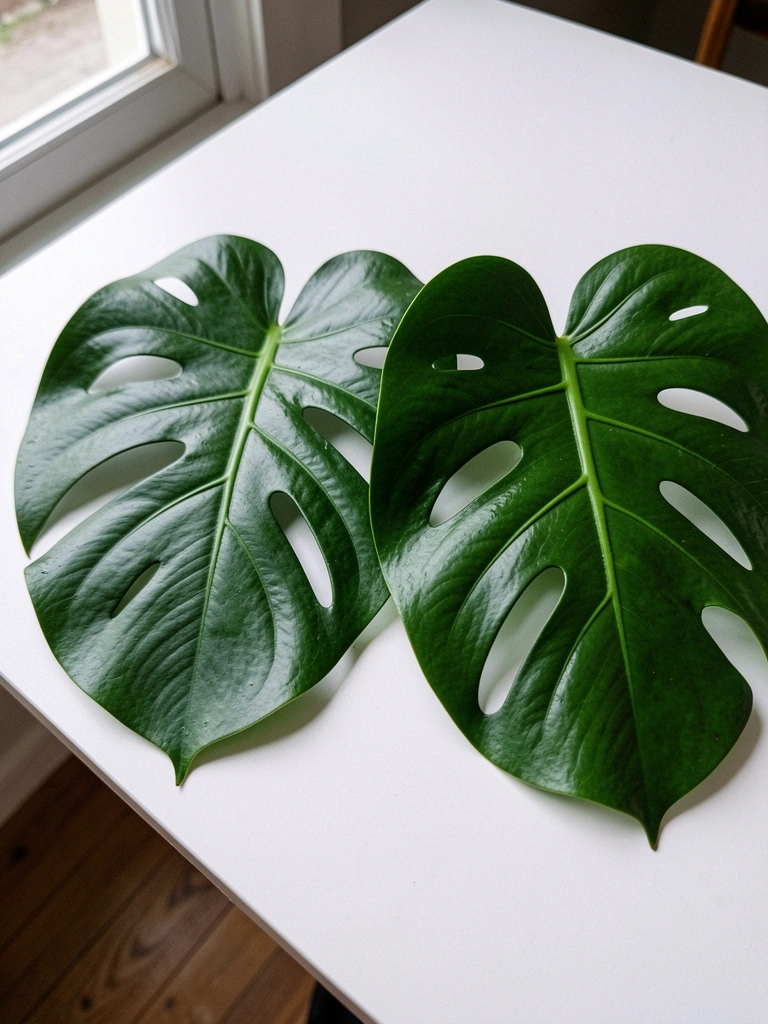 Folha de Monstera sem fendas ao lado de uma folha fenestrada, sobre fundo claro.