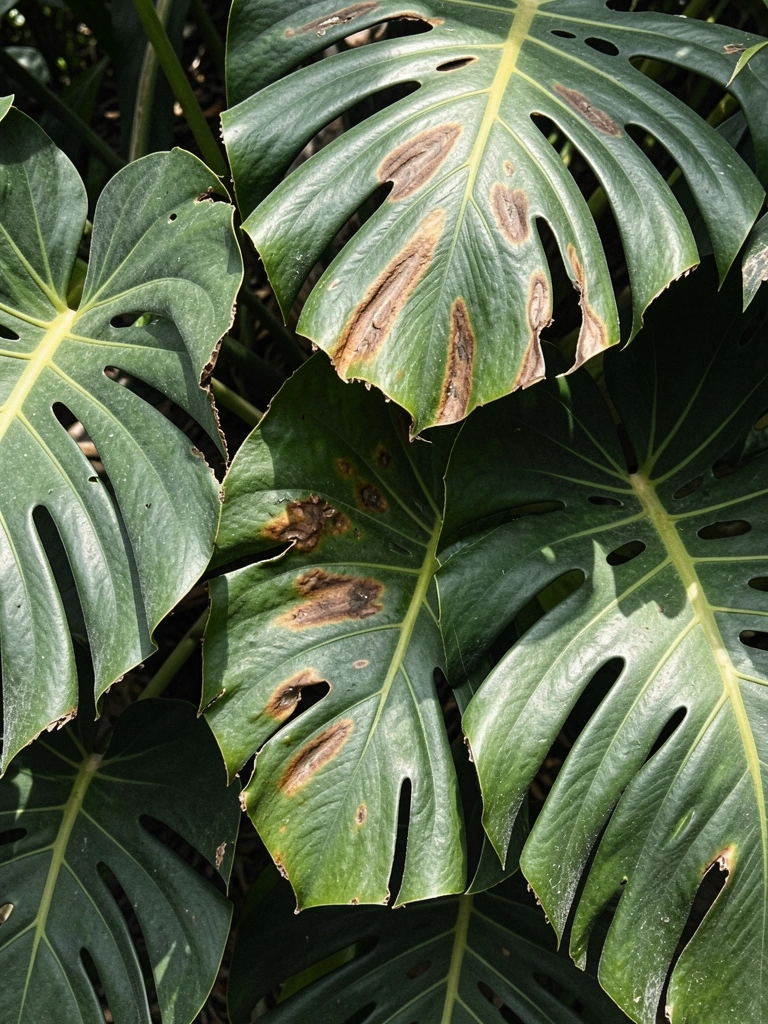 Folha de Monstera com manchas marrons de queimadura solar nas bordas e centro.