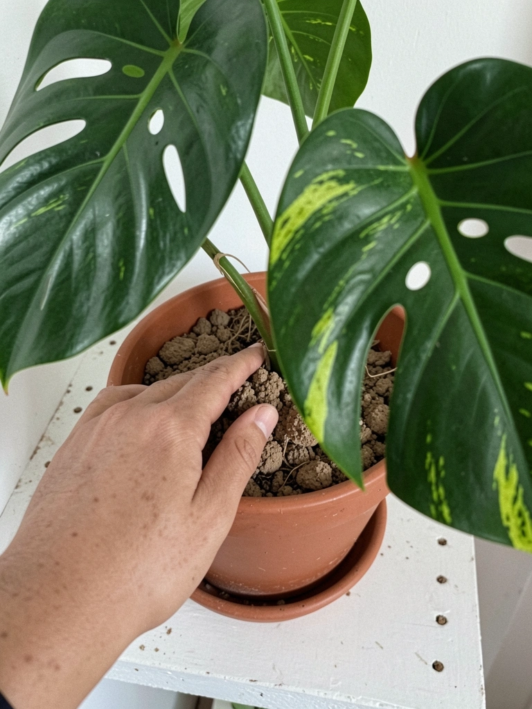 Mão tocando a terra seca em vaso com folhas de Monstera.