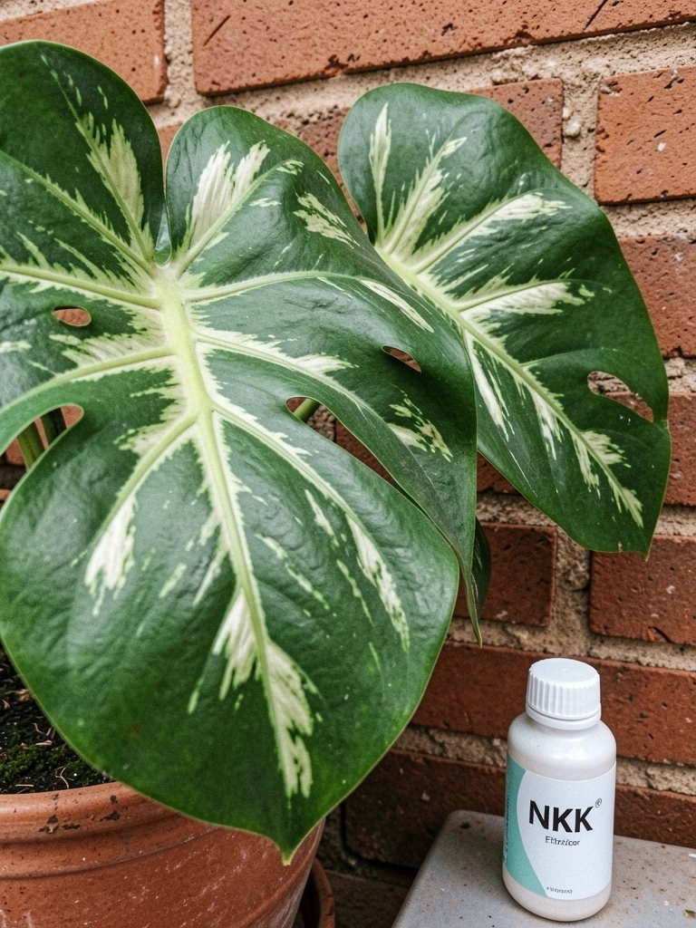 Fertilizante líquido NPK ao lado de um vaso de Monstera, sobre uma superfície clara.