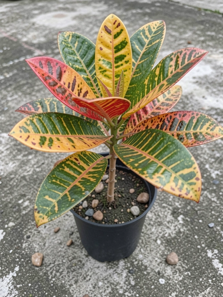 Close-up de folhas de Croton com tons de verde, amarelo e vermelho.