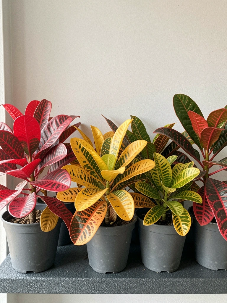 Vasos com diferentes variedades de Croton alinhados, folhas em tons de verde, amarelo e vermelho.