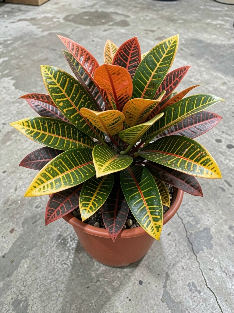 Três variedades de croton: Petra com folhas verdes e amarelas, Gold Dust salpicada de pintas douradas e Mammy com folhas estreitas e avermelhadas.