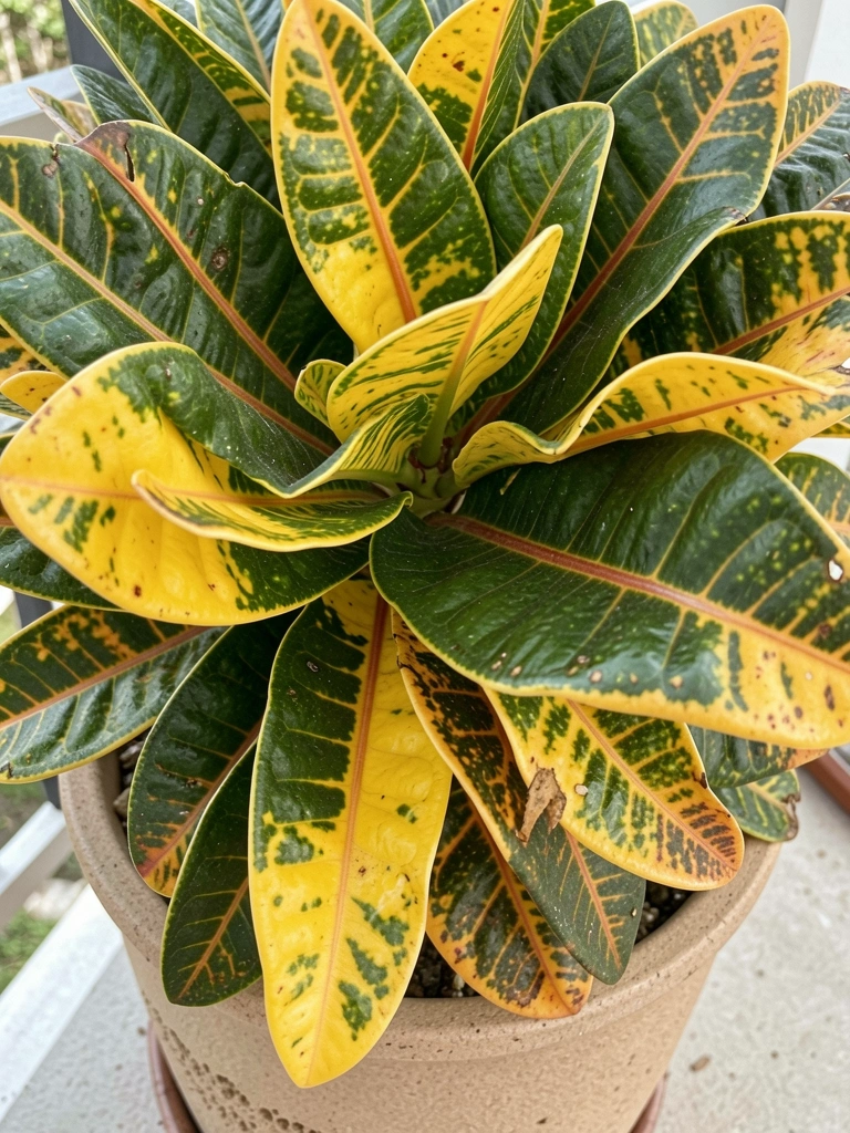 Planta croton petra com folhas verdes e amarelas em vaso de cerâmica marrom.