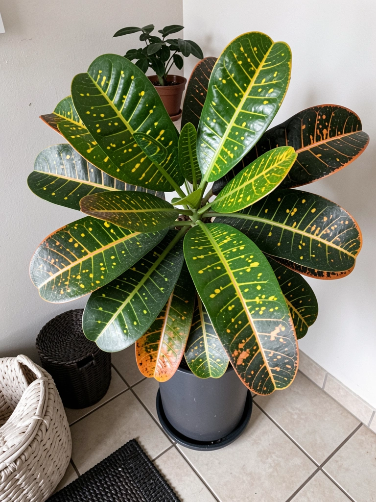 Folhas verdes do Croton Gold Dust com pintas amarelas
