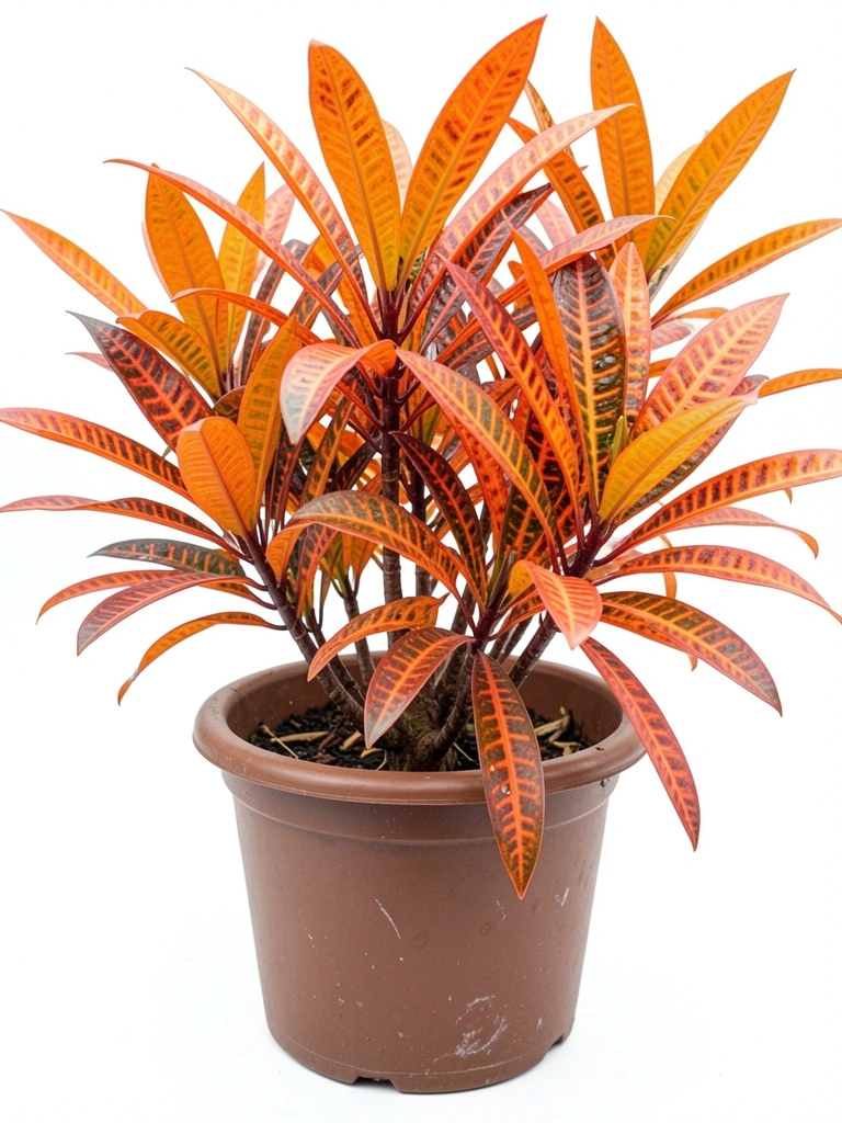 Folhas finas e alongadas do Croton Mammy em tons de laranja e verde.