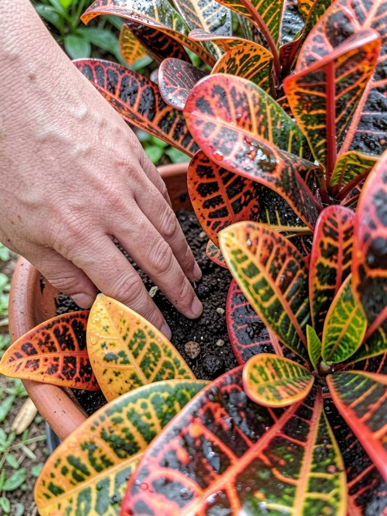 Mão tocando terra em vaso com folhas de Croton