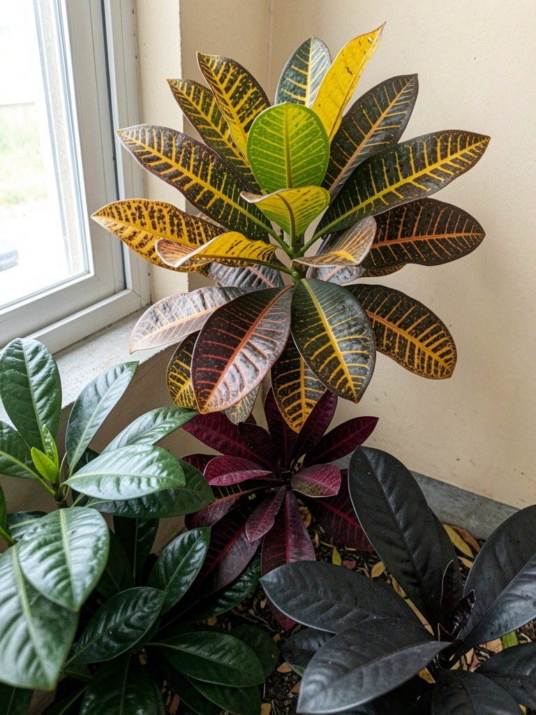 Folhas verdes e amarelas de croton sob luz indireta perto de janela