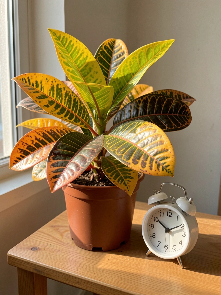 Relógio de parede branco com moldura dourada e planta Croton em vaso sob luz solar da manhã.