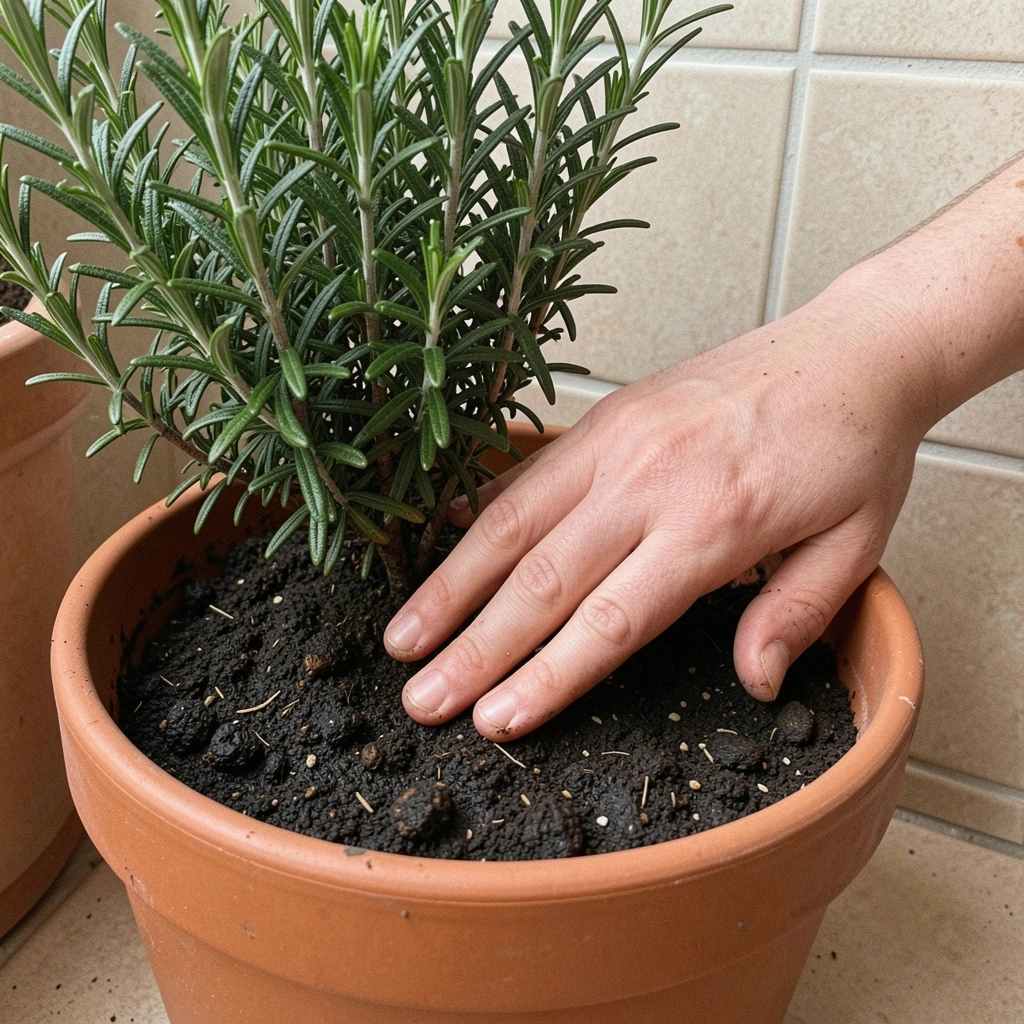 Mão tocando a terra úmida de um vaso com alecrim