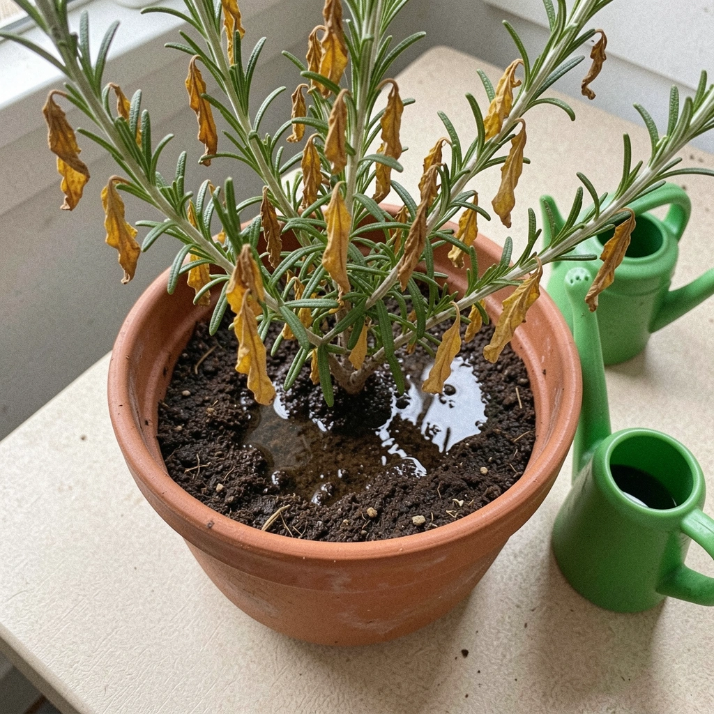 Folhas de alecrim amareladas e murchas em vaso com terra encharcada