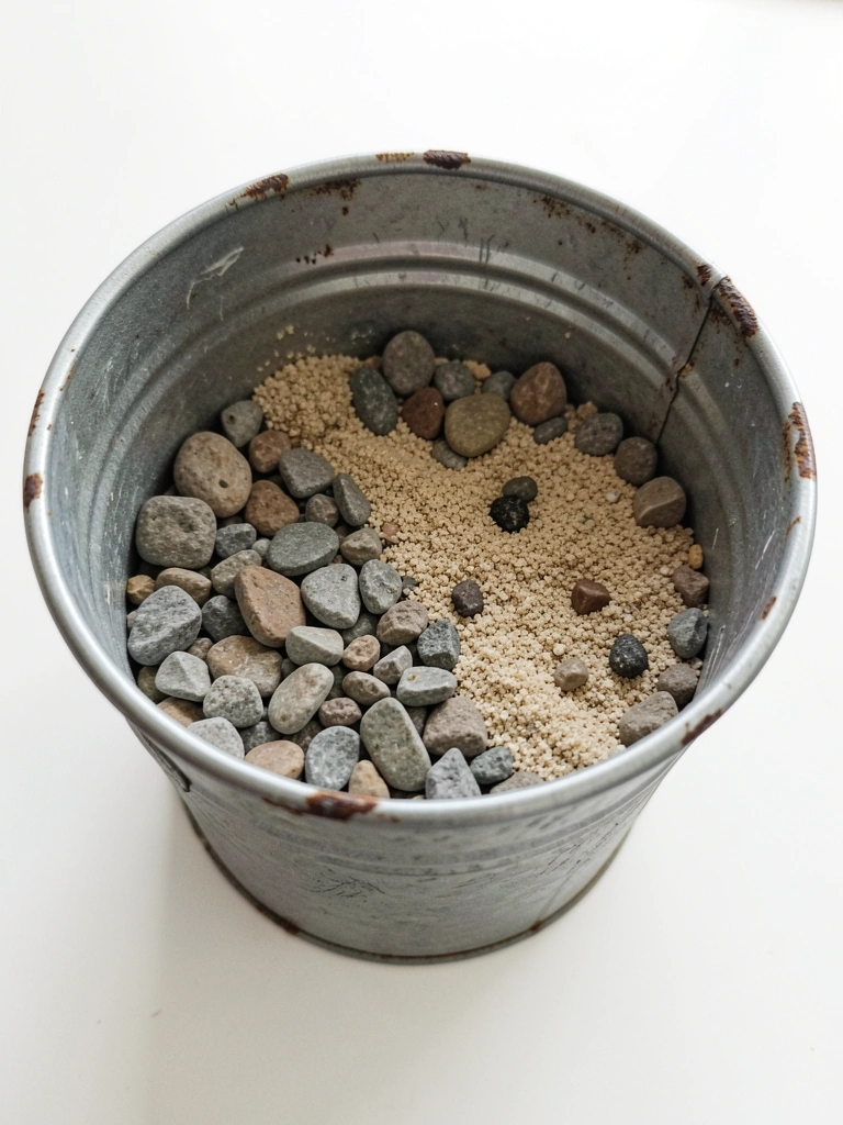 Camadas de pedras e areia em vaso transparente, prontas para receber substrato