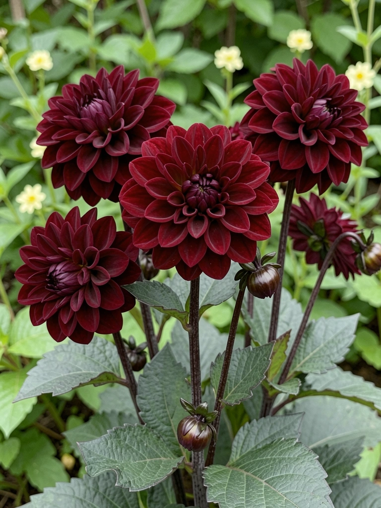 Canteiro de jardim com várias dálias de pétalas escuras, quase pretas, entre folhagens verdes.