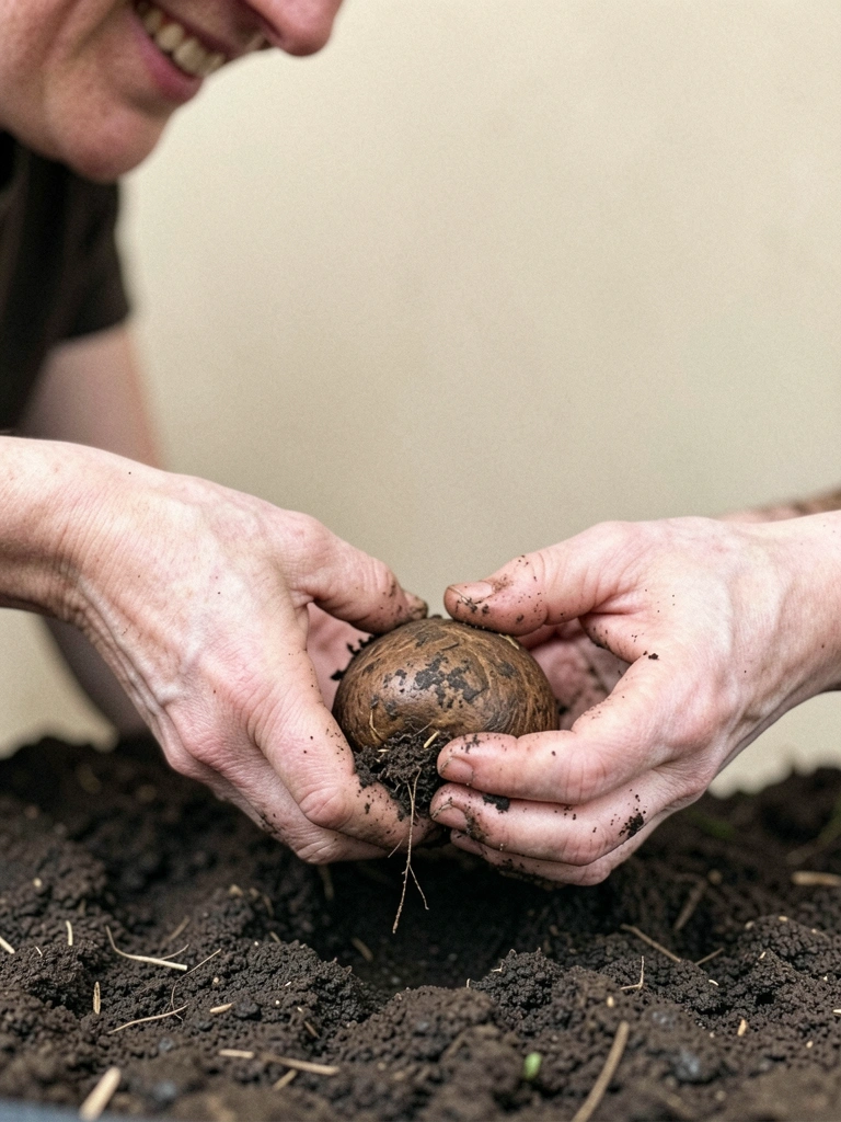 Mãos sujas de terra plantam um tubérculo de dália no solo escuro.