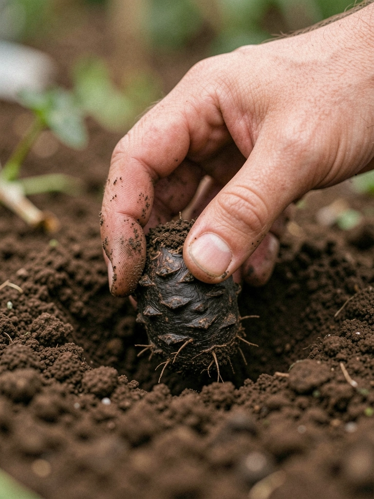 Mão plantando tubérculo de dália em cova de terra escura.