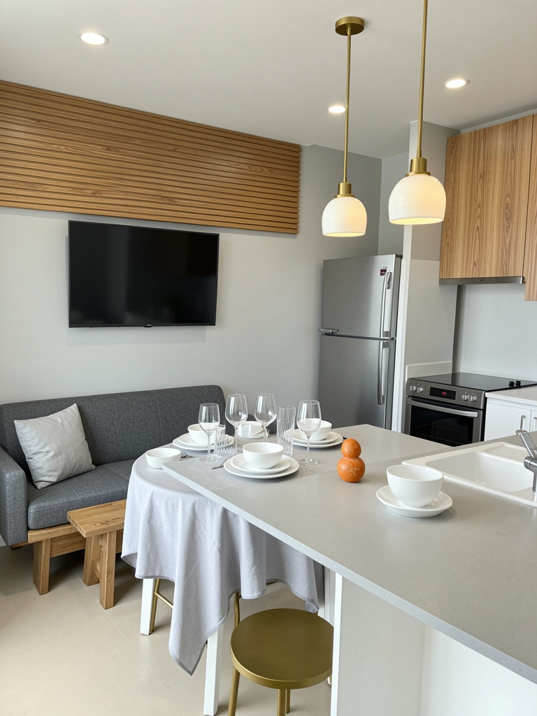 Sala compacta com sofá bege encostado na parede, mesa de centro estreita e prateleiras suspensas acima do sofá.