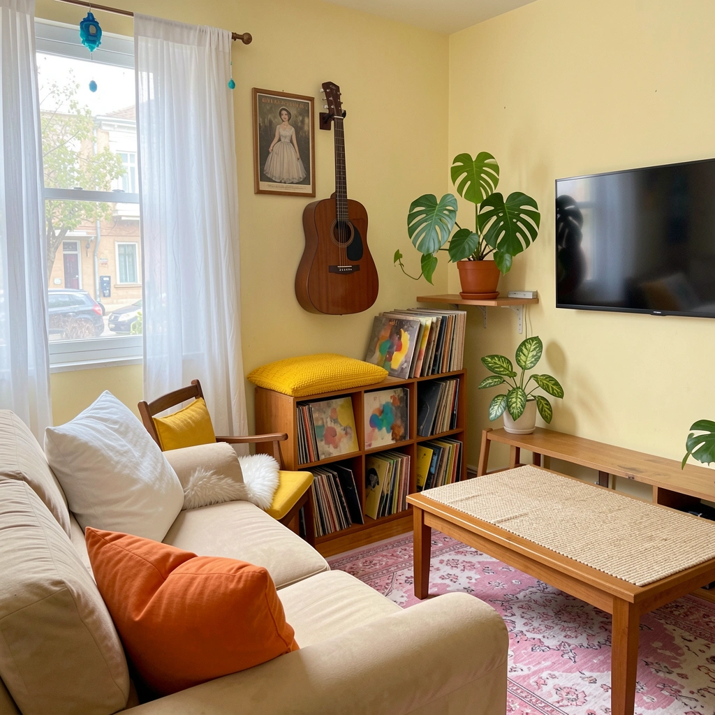 Sala compacta com sofá bege encostado na parede, mesa de centro de madeira e prateleira suspensa.