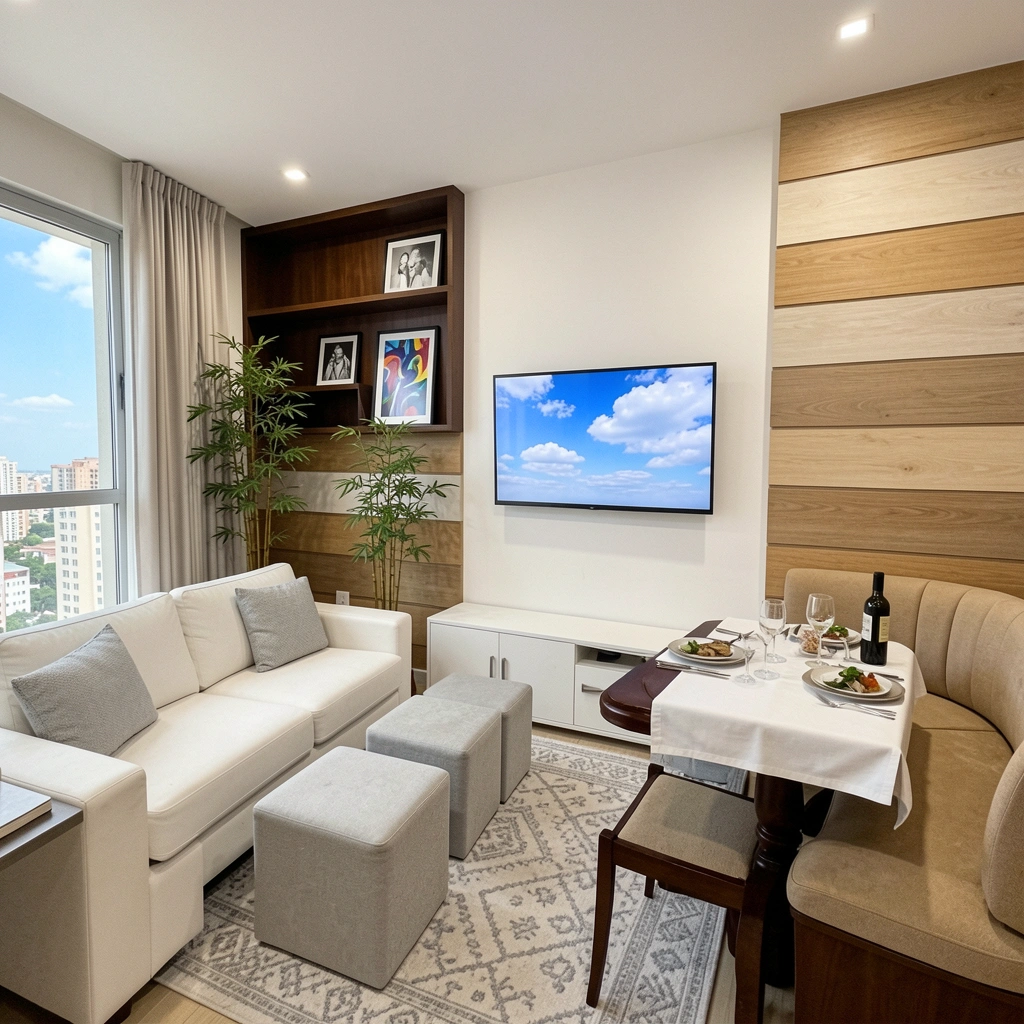 Sala compacta com sofá bege, mesa de centro redonda e prateleiras na parede branca