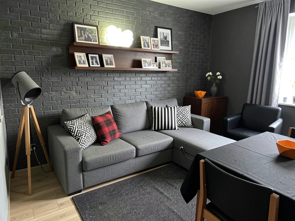 Sala compacta com sofá bege encostado na parede, prateleiras acima e planta no canto.