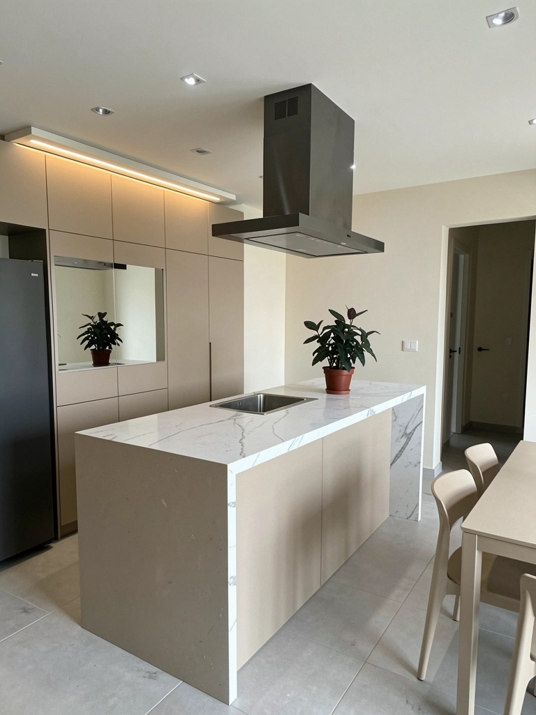 Cozinha com ilha central branca, banquetas altas e mesa de jantar de madeira ao lado