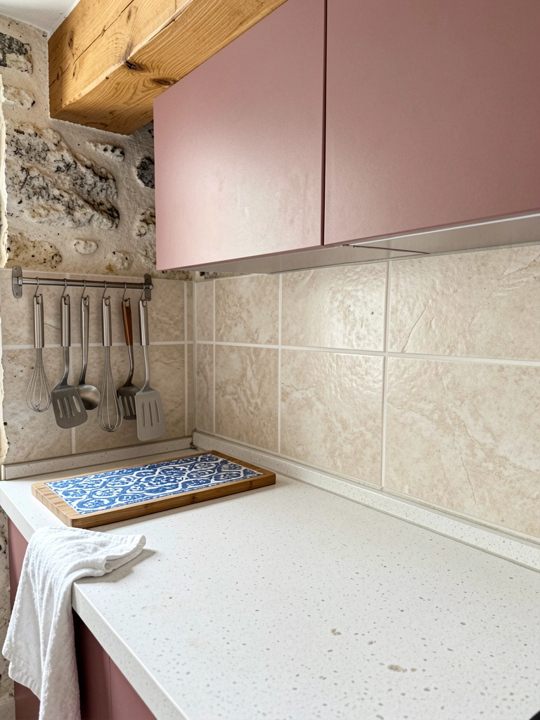 Bancada de cozinha com backsplash revestido em tom claro, indo da superfície até a base do armário aéreo