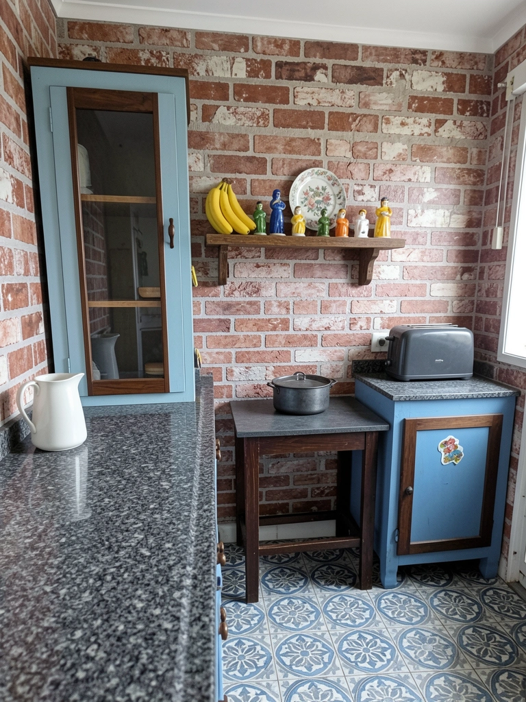 Parede de cozinha com papel de parede removível estampado e adesivo decorativo aplicado atrás do fogão