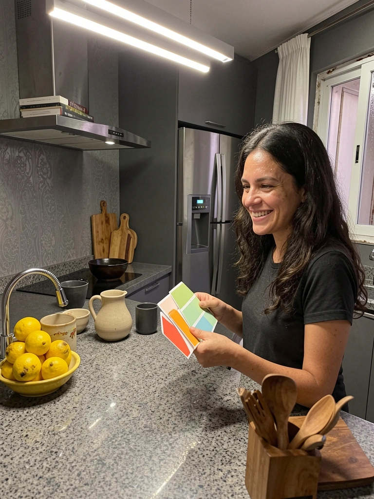 Mãos segurando leque de amostras de cor diante de armário e bancada de cozinha