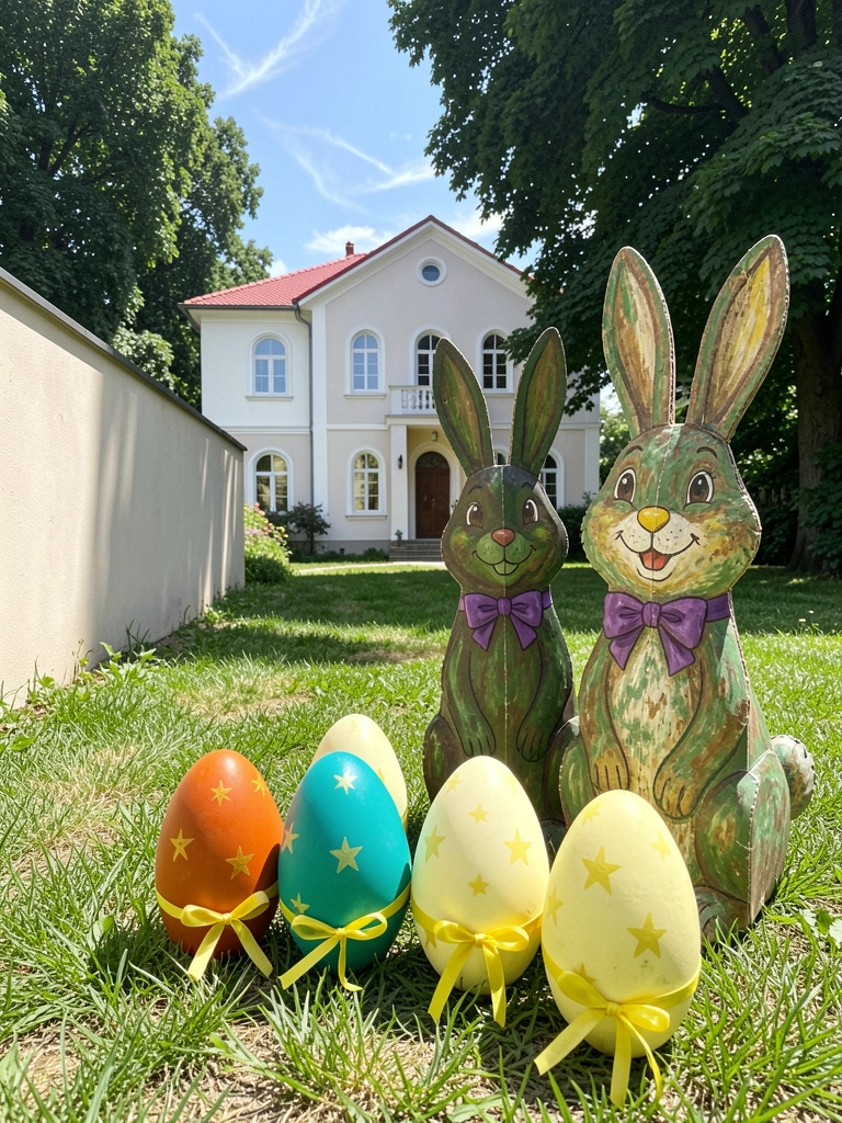 Jardim de casa com coelhos decorativos e ovos coloridos espalhados pela grama