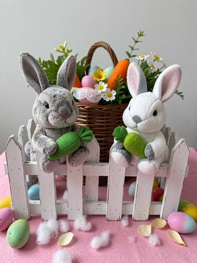 Jardim com coelhos decorativos, ovos coloridos e flores