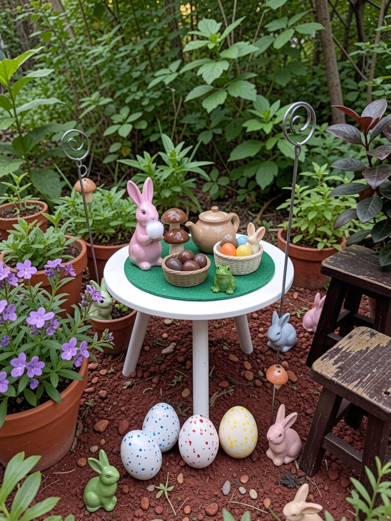 Coelhos de cerâmica e estacas de metal em um jardim