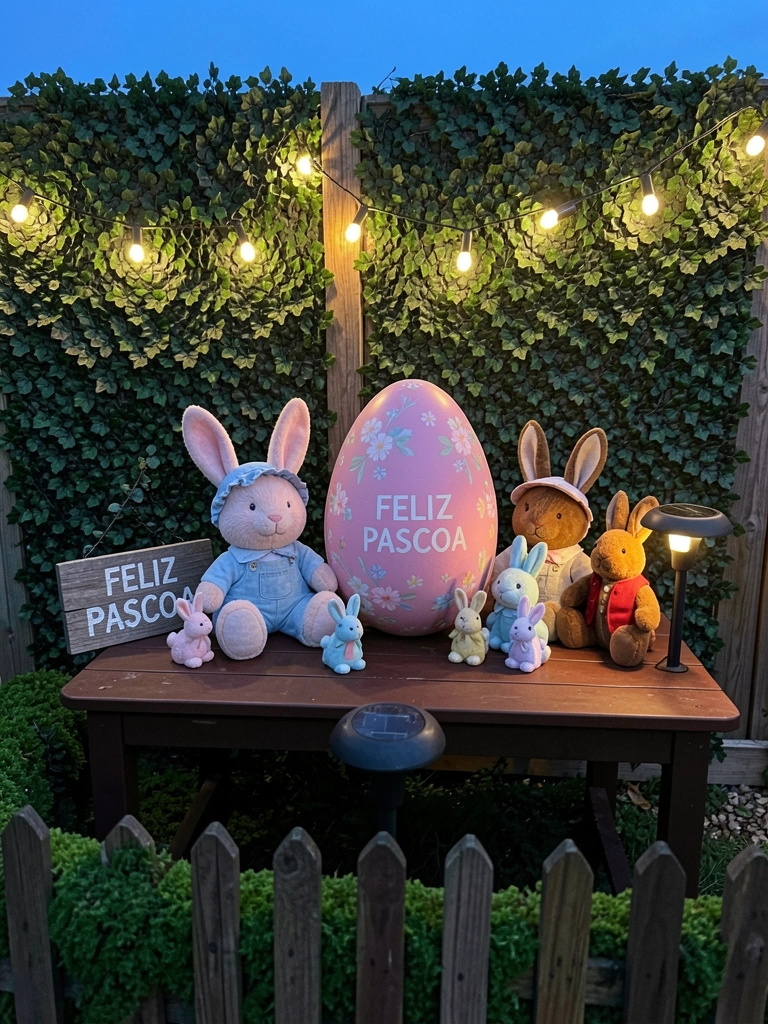 Luzes solares em formato de cenoura iluminam canteiro de flores ao entardecer