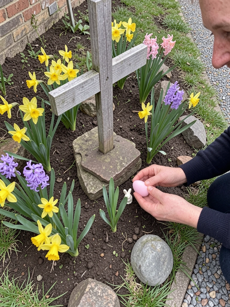 Mãos colocando coelhos decorativos e ovos coloridos sobre a grama de um jardim ensolarado.