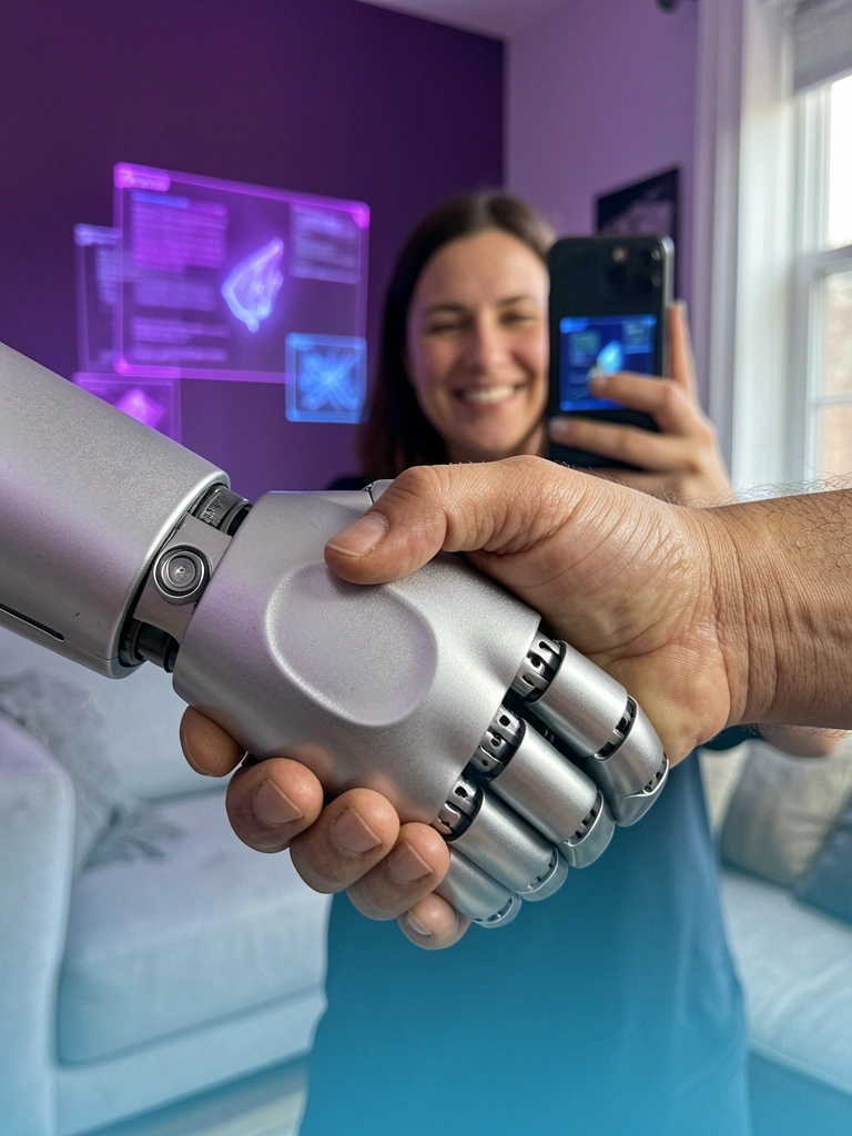 Pessoa segurando celular para fotografar sala de estar com displays holográficos flutuantes