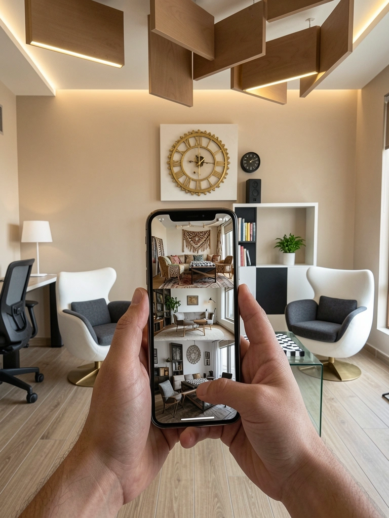 Mãos segurando um celular que exibe ambientes decorados em estilos variados na tela