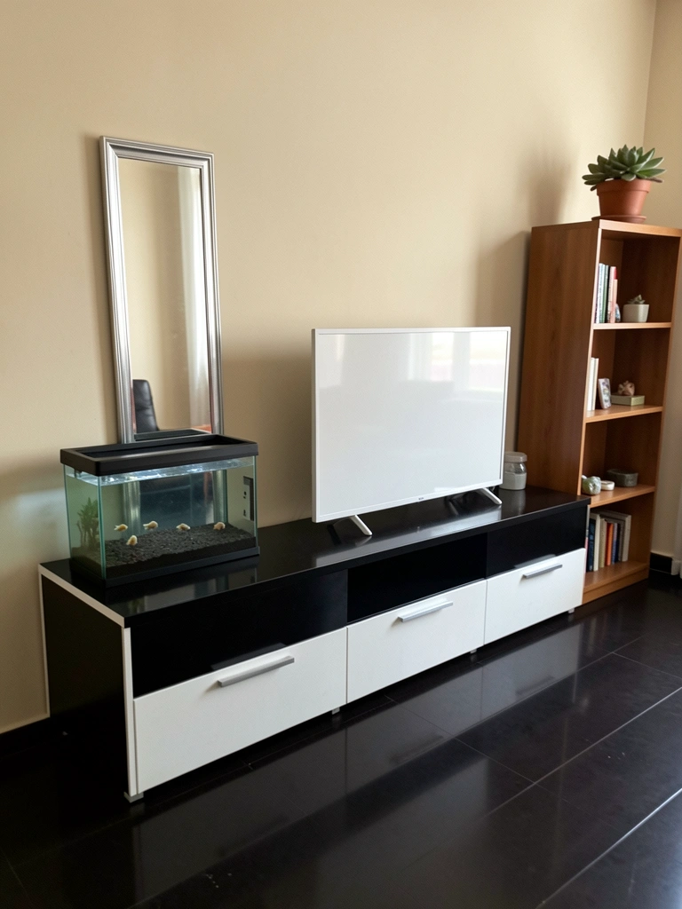 Sala decorada com sofá, mesa de centro e luminária, vista para janela ampla