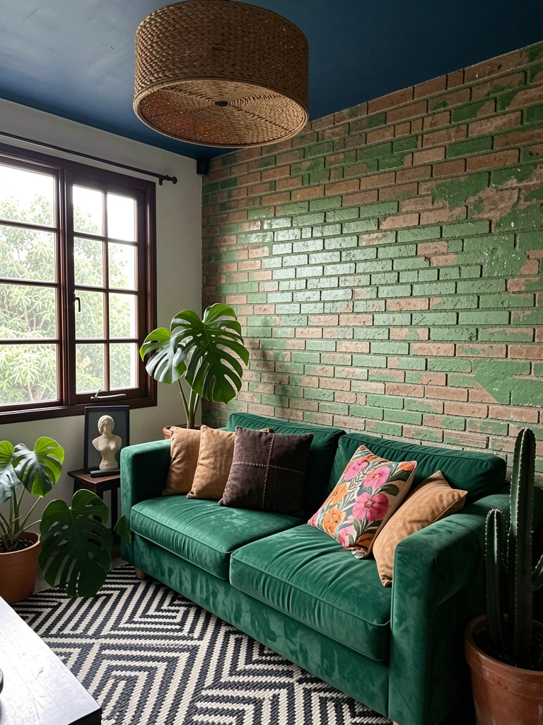 Sala de estar com sofá verde musgo, almofadas em tons neutros, parede branca e piso de madeira clara