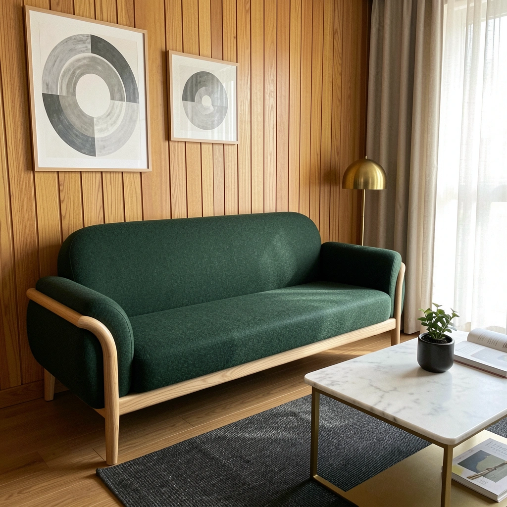 Sala de estar com sofá verde musgo, almofadas amarelas, parede de tijolos e piso de madeira.